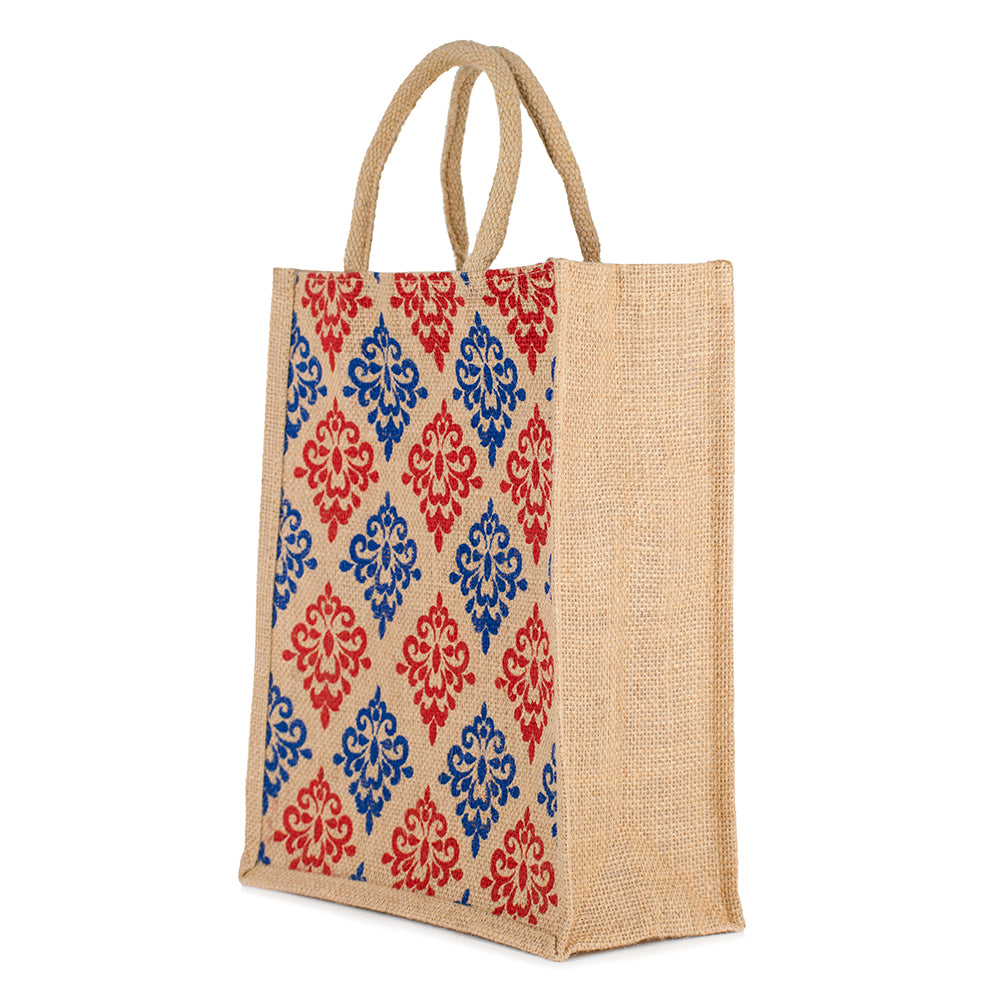 Floral Print Jute Bag | Eco-Friendly Reusable Tote for Grocery, Lunch, Shopping | Handcrafted | 33x29x12cm