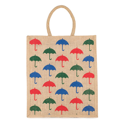 Umbrella Print Jute Bag | Eco-Friendly Reusable Shopping Tote | Zipper Closure | 33x29x12cm