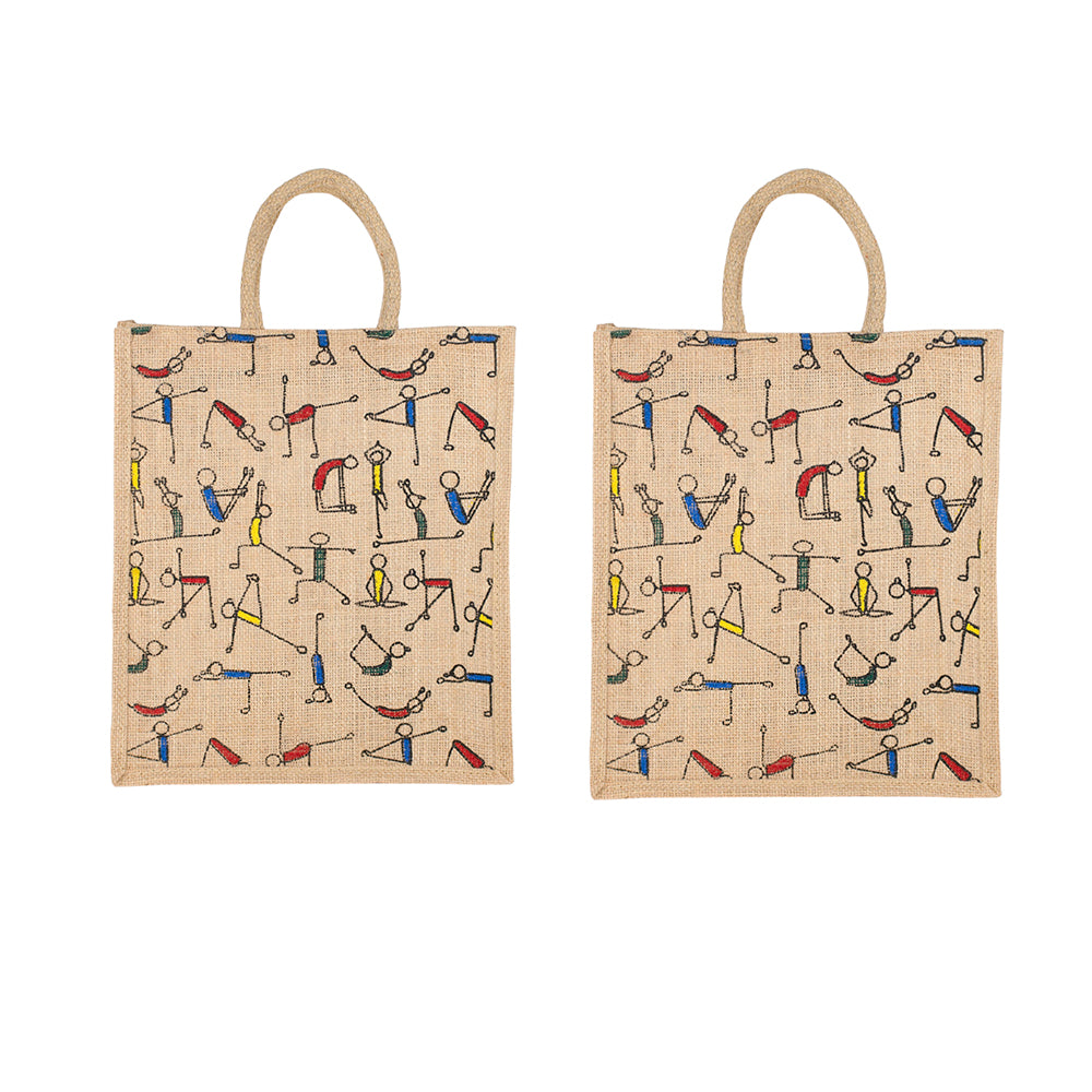 Yoga Print Jute Bag | Multipurpose Reusable Lunch & Grocery Bag | Handcrafted with Zipper | 33x29x12cm