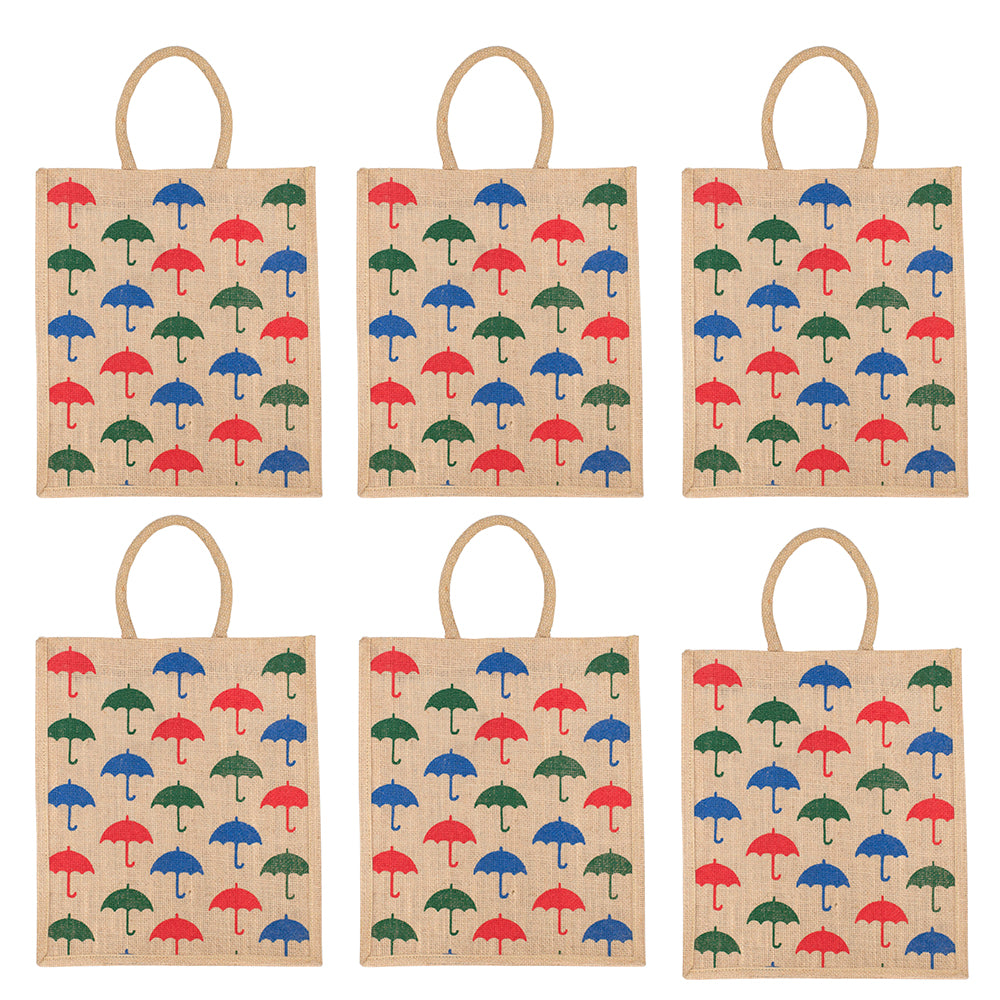 Umbrella Print Jute Bag | Eco-Friendly Reusable Shopping Tote | Zipper Closure | 33x29x12cm