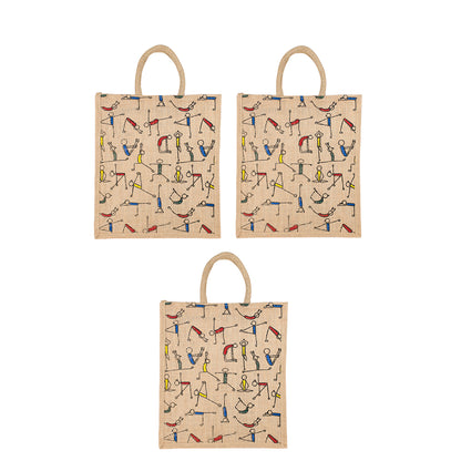 Yoga Print Jute Bag | Multipurpose Reusable Lunch & Grocery Bag | Handcrafted with Zipper | 33x29x12cm