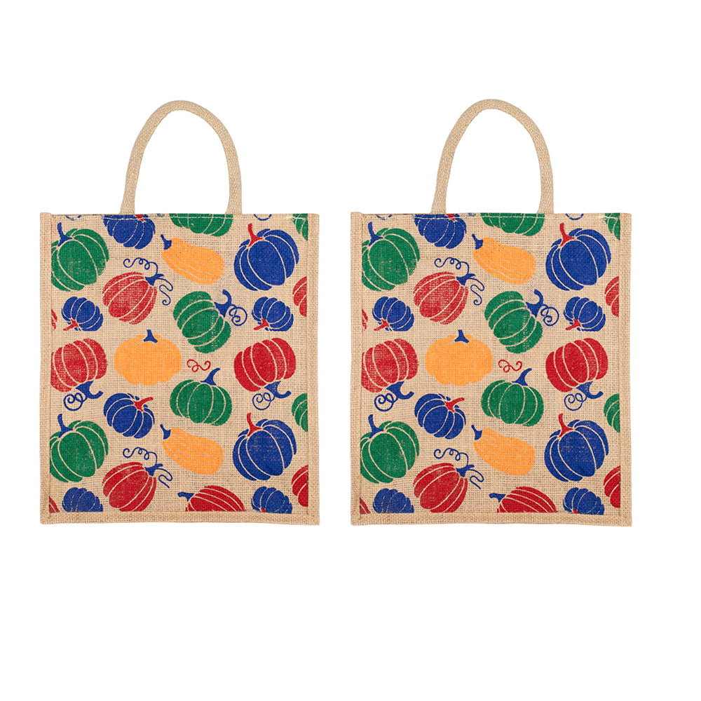 Pumpkin Design Jute Bag | Reusable Grocery/Vegetable Bag | Multi-Purpose Printed Lunch Tote | 33x29x12cm