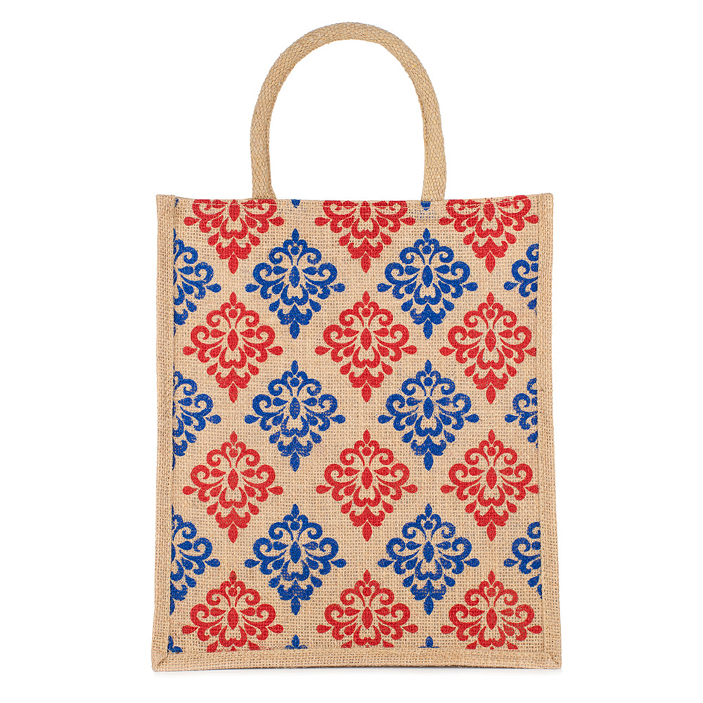 Floral Print Jute Bag | Eco-Friendly Reusable Tote for Grocery, Lunch, Shopping | Handcrafted | 33x29x12cm