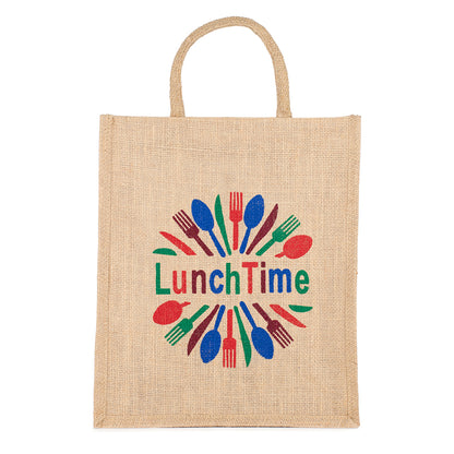 LunchTime Jute Bag | Reusable Lunch & Grocery Carry Bag | Eco-Friendly Printed Tote with Zipper | 33x29x12cm