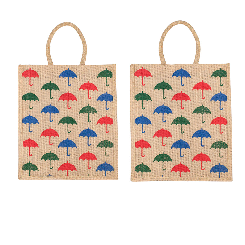 Umbrella Print Jute Bag | Eco-Friendly Reusable Shopping Tote | Zipper Closure | 33x29x12cm