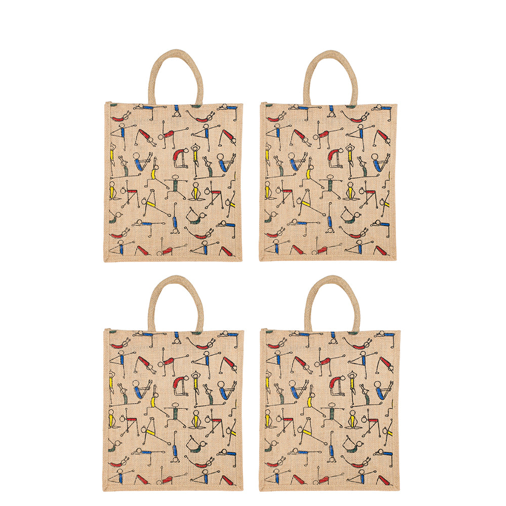 Yoga Print Jute Bag | Multipurpose Reusable Lunch & Grocery Bag | Handcrafted with Zipper | 33x29x12cm