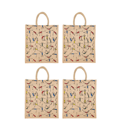 Yoga Print Jute Bag | Multipurpose Reusable Lunch & Grocery Bag | Handcrafted with Zipper | 33x29x12cm