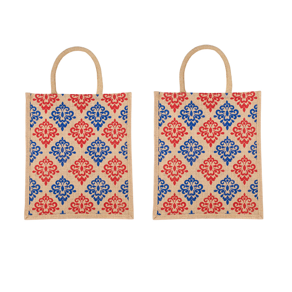 Floral Print Jute Bag | Eco-Friendly Reusable Tote for Grocery, Lunch, Shopping | Handcrafted | 33x29x12cm