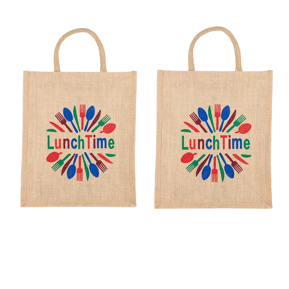 LunchTime Jute Bag | Reusable Lunch & Grocery Carry Bag | Eco-Friendly Printed Tote with Zipper | 33x29x12cm
