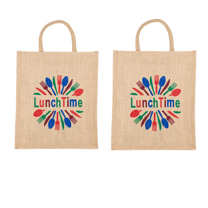 LunchTime Jute Bag | Reusable Lunch & Grocery Carry Bag | Eco-Friendly Printed Tote with Zipper | 33x29x12cm