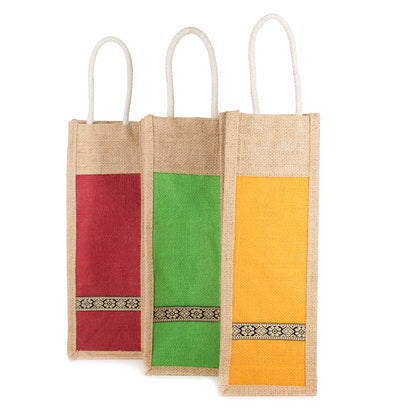 Set of 3 Eco-Friendly Jute Water Bottle Bags | Reusable Bottle Covers with Cotton Handles | Fits 1.5 to 2 Litre Bottles | Size 5x15x4.5 Inch