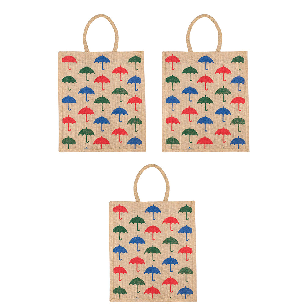 Umbrella Print Jute Bag | Eco-Friendly Reusable Shopping Tote | Zipper Closure | 33x29x12cm