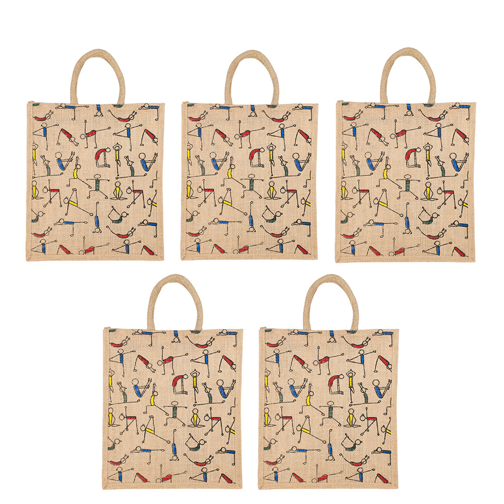 Yoga Print Jute Bag | Multipurpose Reusable Lunch & Grocery Bag | Handcrafted with Zipper | 33x29x12cm