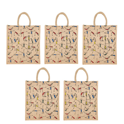 Yoga Print Jute Bag | Multipurpose Reusable Lunch & Grocery Bag | Handcrafted with Zipper | 33x29x12cm