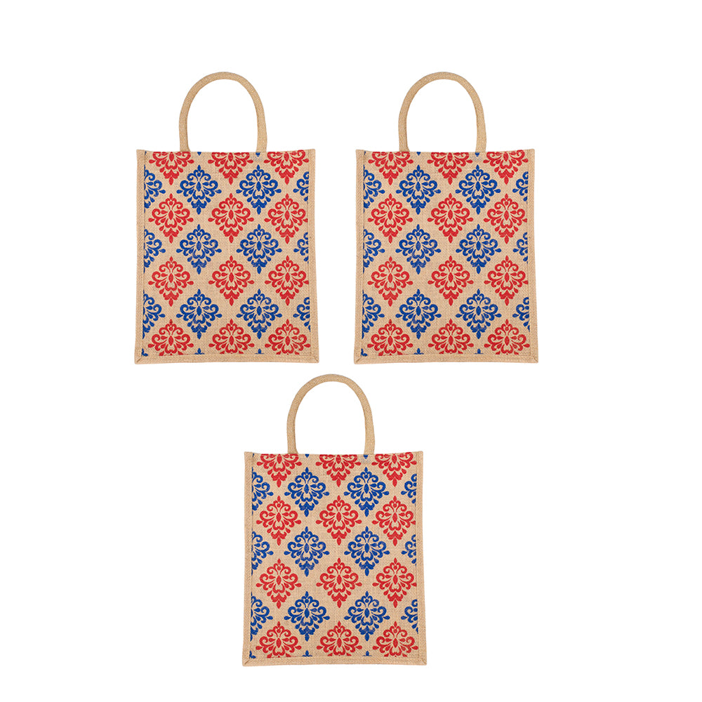 Floral Print Jute Bag | Eco-Friendly Reusable Tote for Grocery, Lunch, Shopping | Handcrafted | 33x29x12cm