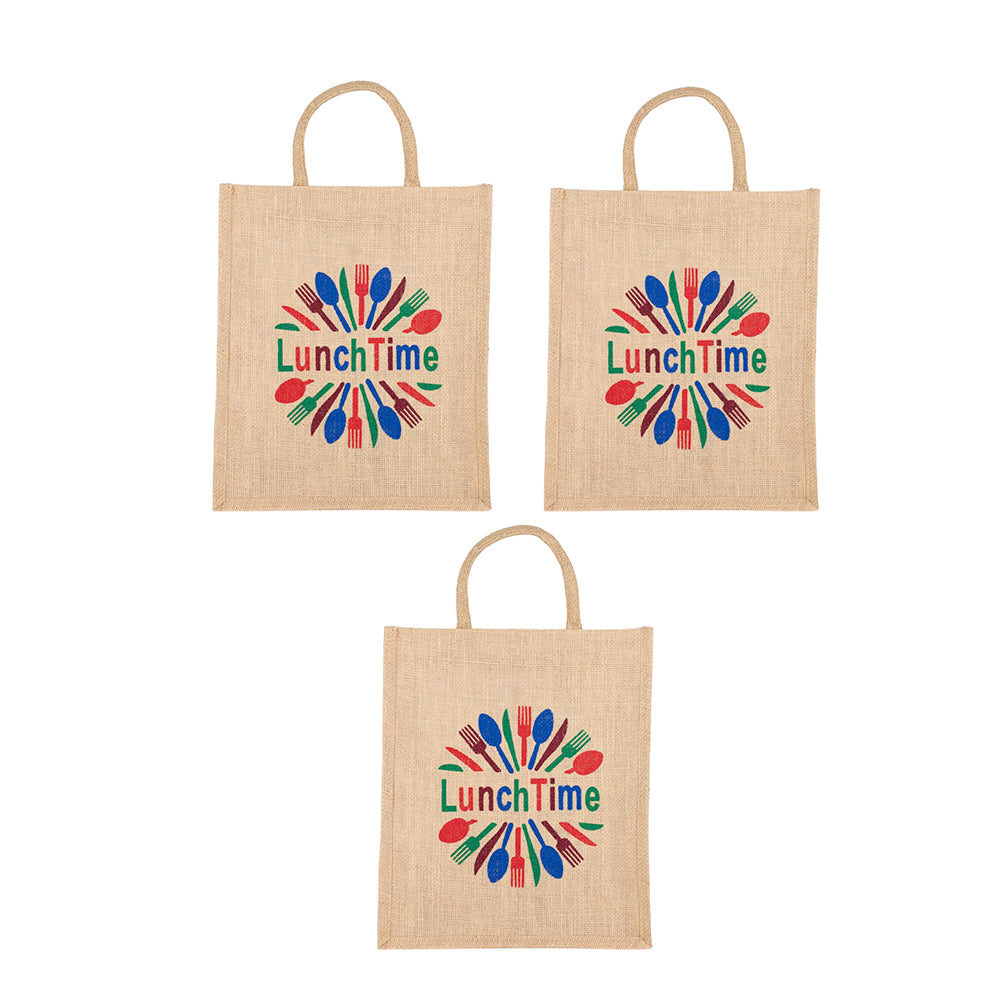 LunchTime Jute Bag | Reusable Lunch & Grocery Carry Bag | Eco-Friendly Printed Tote with Zipper | 33x29x12cm