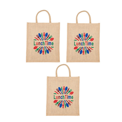 LunchTime Jute Bag | Reusable Lunch & Grocery Carry Bag | Eco-Friendly Printed Tote with Zipper | 33x29x12cm