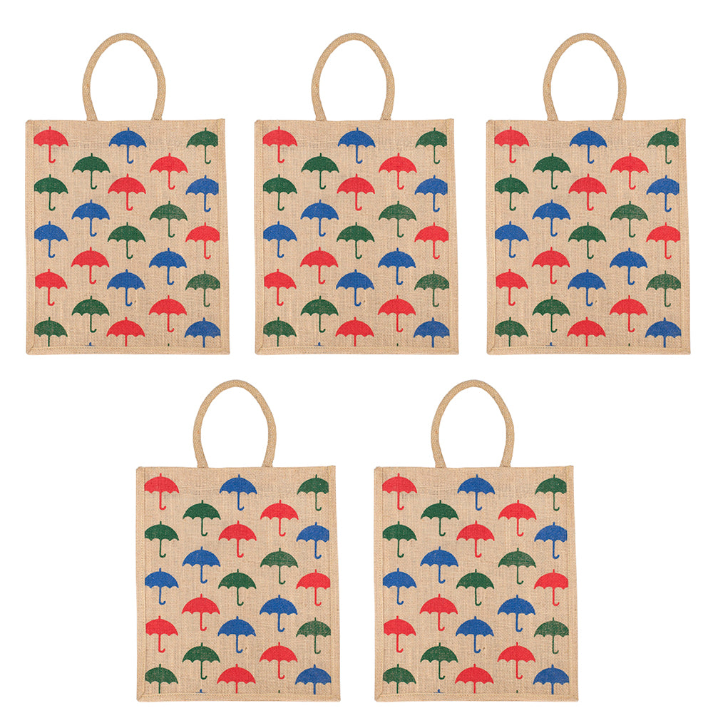 Umbrella Print Jute Bag | Eco-Friendly Reusable Shopping Tote | Zipper Closure | 33x29x12cm