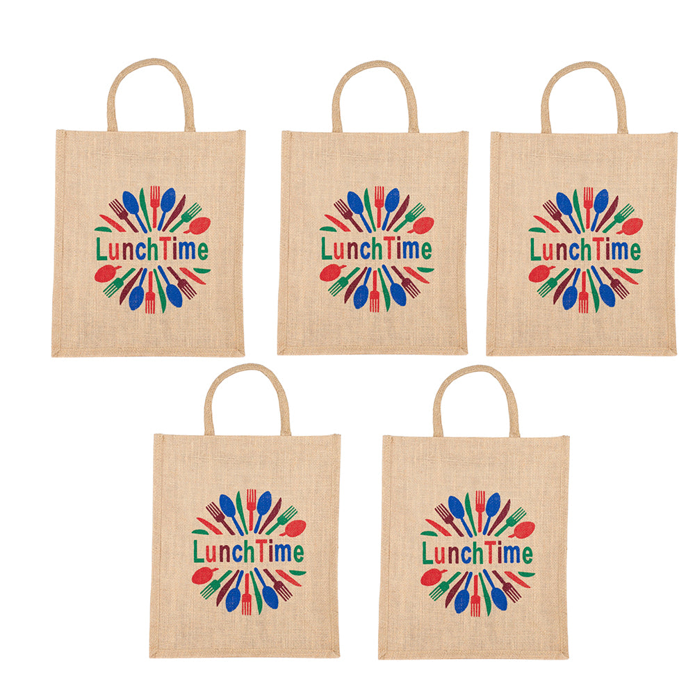 LunchTime Jute Bag | Reusable Lunch & Grocery Carry Bag | Eco-Friendly Printed Tote with Zipper | 33x29x12cm