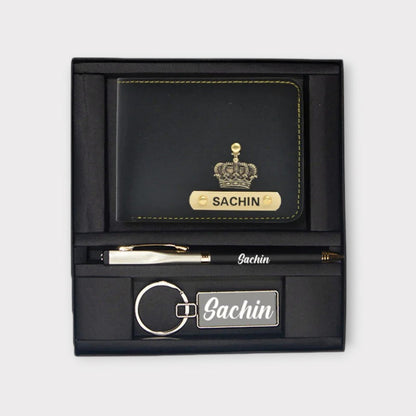 Etchvara Personalized Leather Wallet, Pen & Keychain Set – Gift for Men