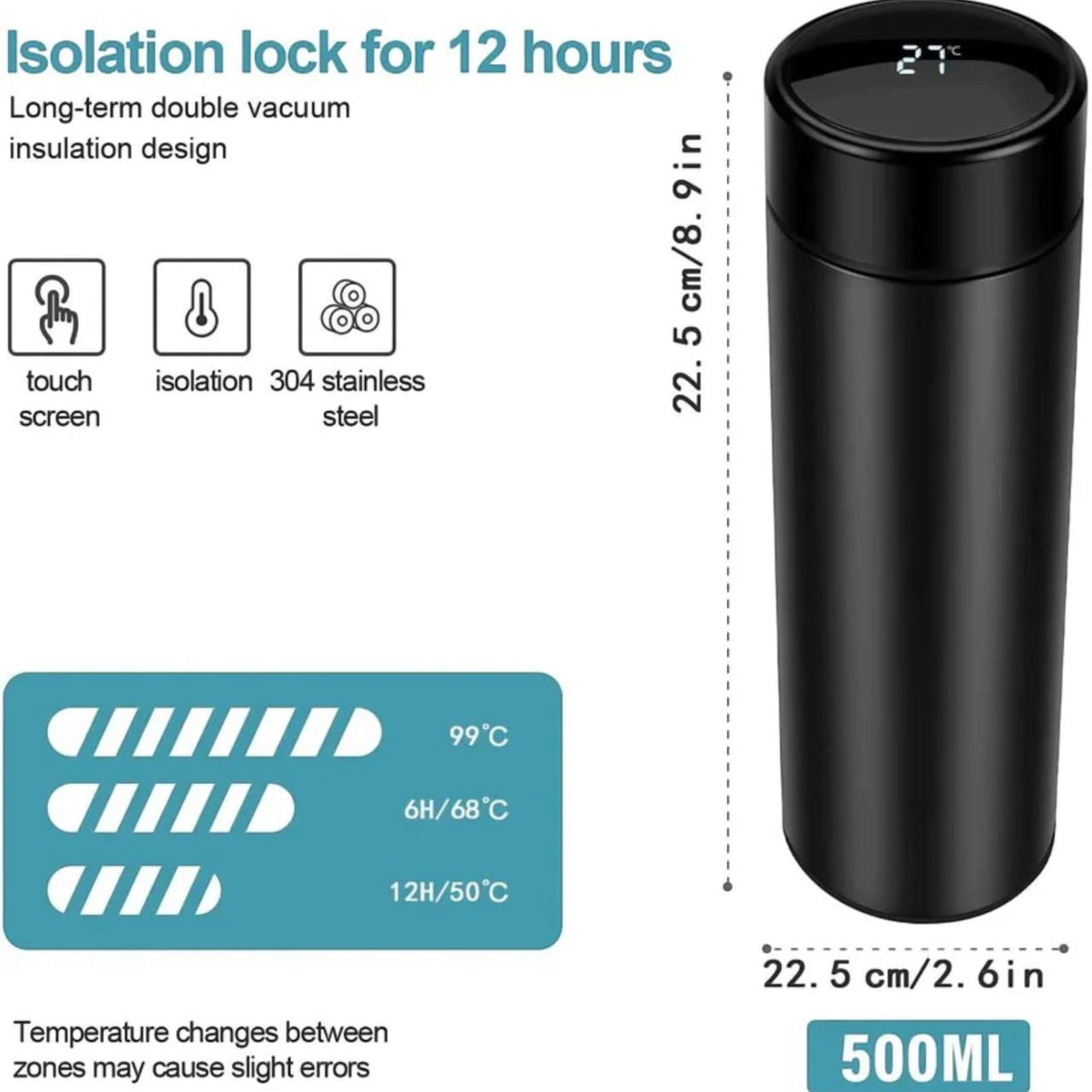 Smart LED Temperature Bottle | 500ml Insulated Steel Flask | Hot & Cold Thermos for Travel, Gym & Office (Black)