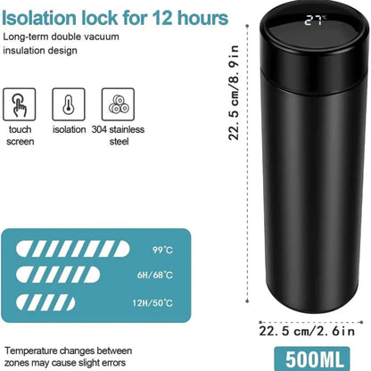 Smart LED Temperature Bottle | 500ml Insulated Steel Flask | Hot & Cold Thermos for Travel, Gym & Office (Black)