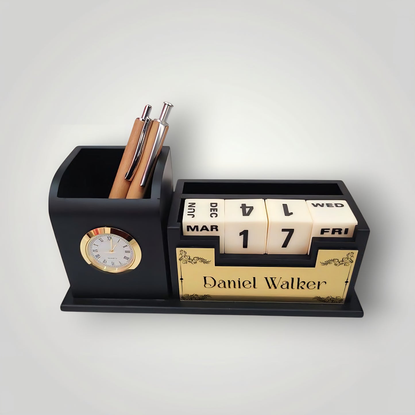 Personalized Wooden Pen Stand with Watch & Calendar | Stylish Desk Organizer for Office, Boss, Doctors & Corporate Gifting