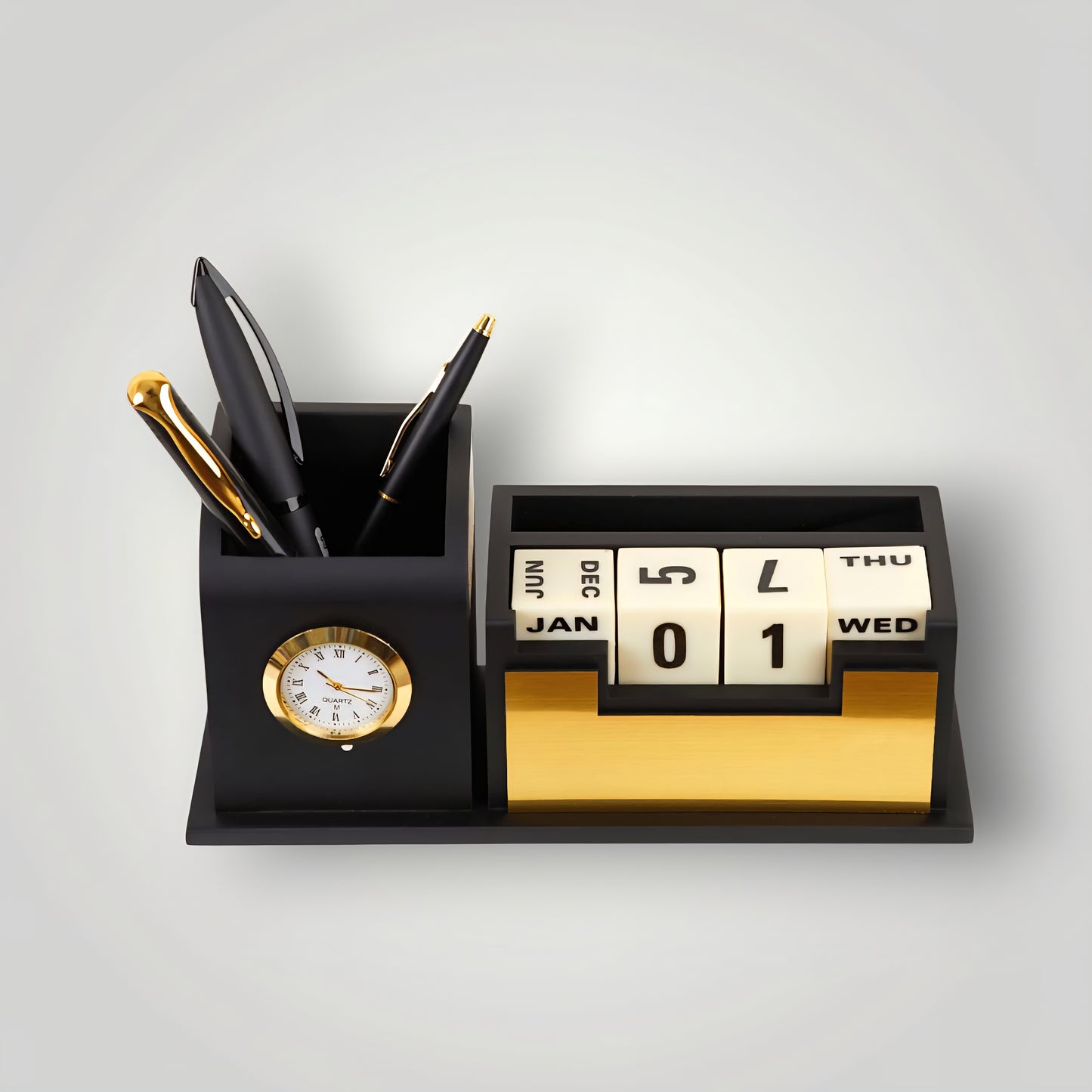 Personalized Wooden Pen Stand with Watch & Calendar | Stylish Desk Organizer for Office, Boss, Doctors & Corporate Gifting