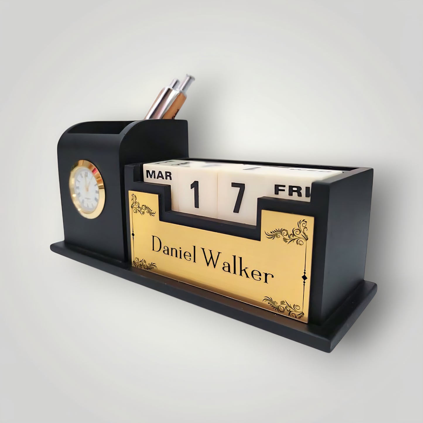 Personalized Wooden Pen Stand with Watch & Calendar | Stylish Desk Organizer for Office, Boss, Doctors & Corporate Gifting