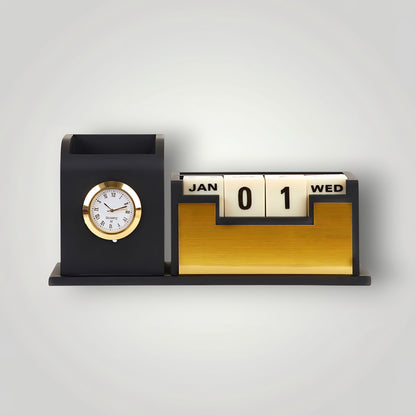Personalized Wooden Pen Stand with Watch & Calendar | Stylish Desk Organizer for Office, Boss, Doctors & Corporate Gifting