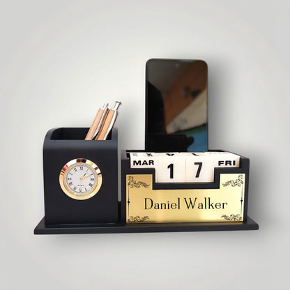 Personalized Wooden Pen Stand with Watch & Calendar | Stylish Desk Organizer for Office, Boss, Doctors & Corporate Gifting