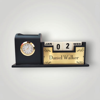 Personalized Wooden Pen Stand with Watch & Calendar | Stylish Desk Organizer for Office, Boss, Doctors & Corporate Gifting