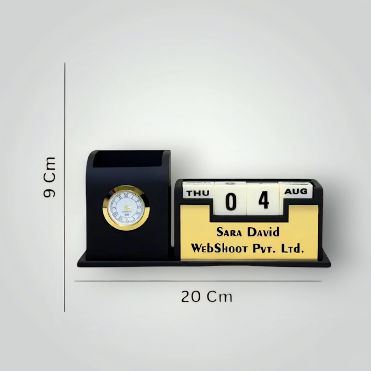 Personalized Wooden Pen Stand with Watch & Calendar | Stylish Desk Organizer for Office, Boss, Doctors & Corporate Gifting
