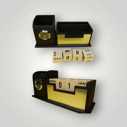 Personalized Wooden Pen Stand with Watch & Calendar | Stylish Desk Organizer for Office, Boss, Doctors & Corporate Gifting