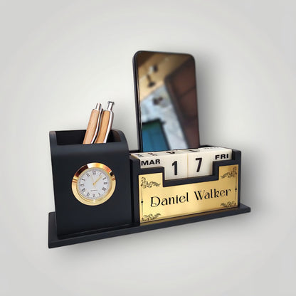 Personalized Wooden Pen Stand with Watch & Calendar | Stylish Desk Organizer for Office, Boss, Doctors & Corporate Gifting