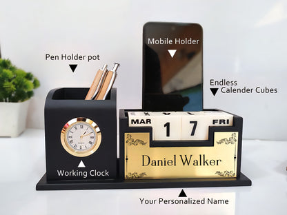 Personalized Wooden Pen Stand with Watch & Calendar | Stylish Desk Organizer for Office, Boss, Doctors & Corporate Gifting