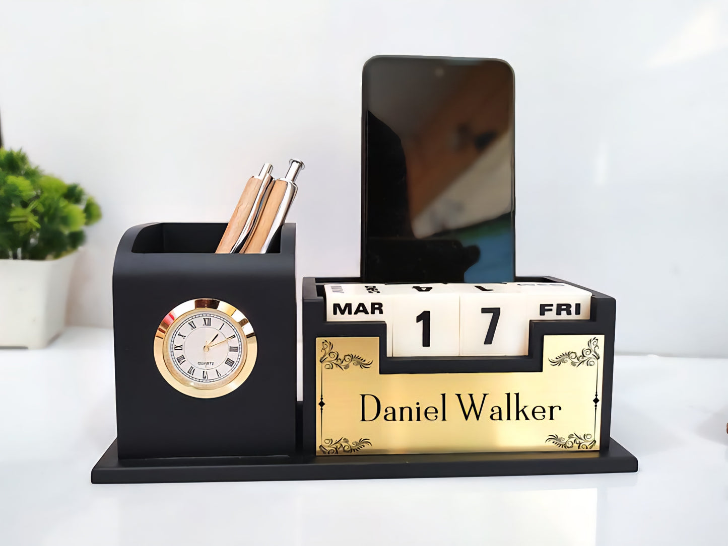 Personalized Wooden Pen Stand with Watch & Calendar | Stylish Desk Organizer for Office, Boss, Doctors & Corporate Gifting