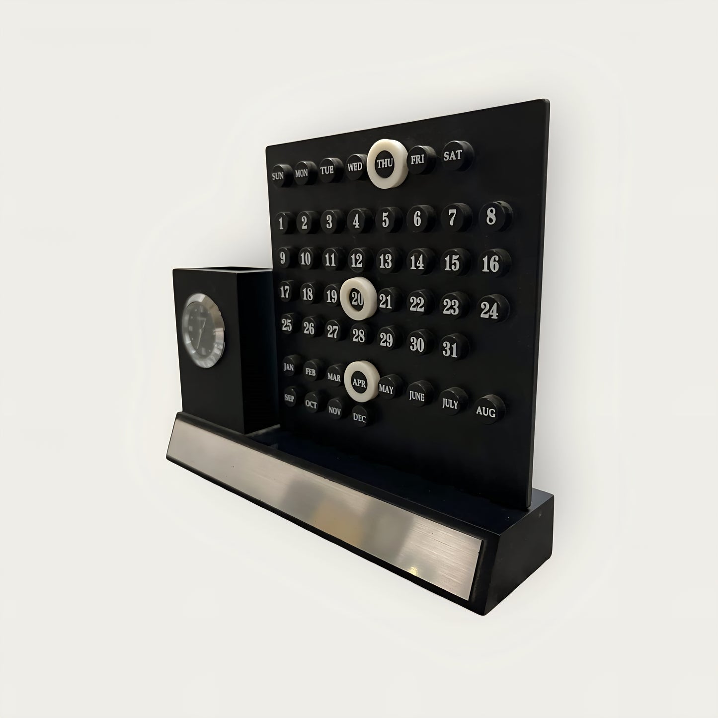 Multipurpose Desk Organizer with Infinity Calendar & Watch | Pen Stand with Business Card & Phone Holder | Office & Study Table Accessory