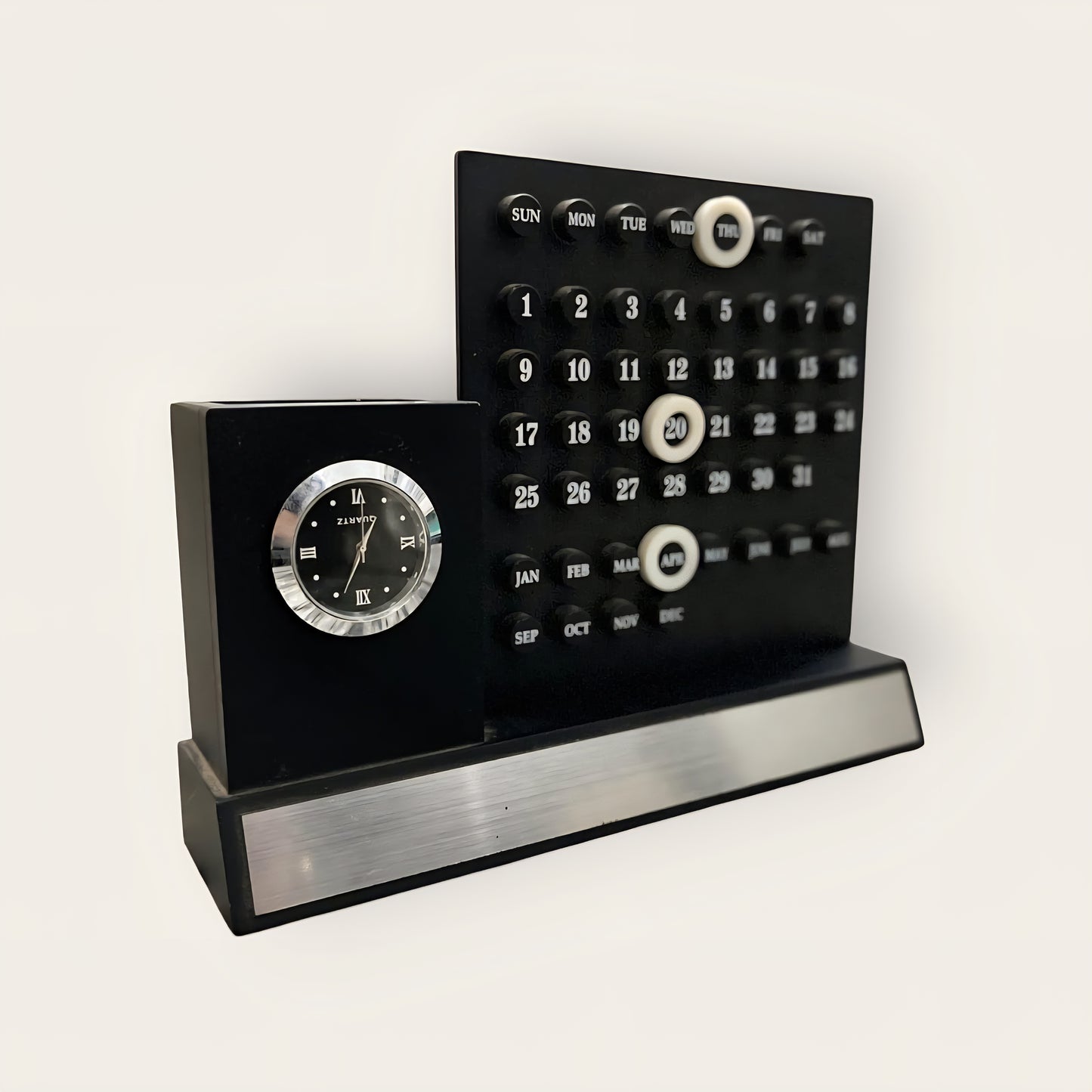 Multipurpose Desk Organizer with Infinity Calendar & Watch | Pen Stand with Business Card & Phone Holder | Office & Study Table Accessory