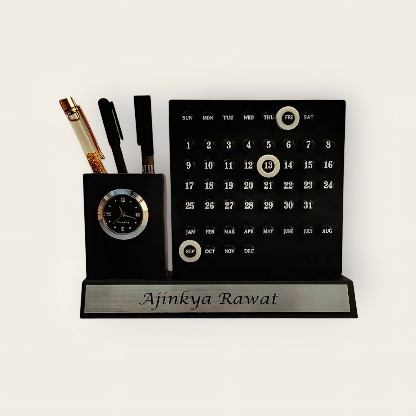 Multipurpose Desk Organizer with Infinity Calendar & Watch | Pen Stand with Business Card & Phone Holder | Office & Study Table Accessory