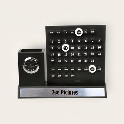 Multipurpose Desk Organizer with Infinity Calendar & Watch | Pen Stand with Business Card & Phone Holder | Office & Study Table Accessory