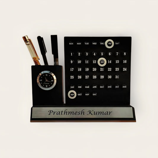 Multipurpose Desk Organizer with Infinity Calendar & Watch | Pen Stand with Business Card & Phone Holder | Office & Study Table Accessory