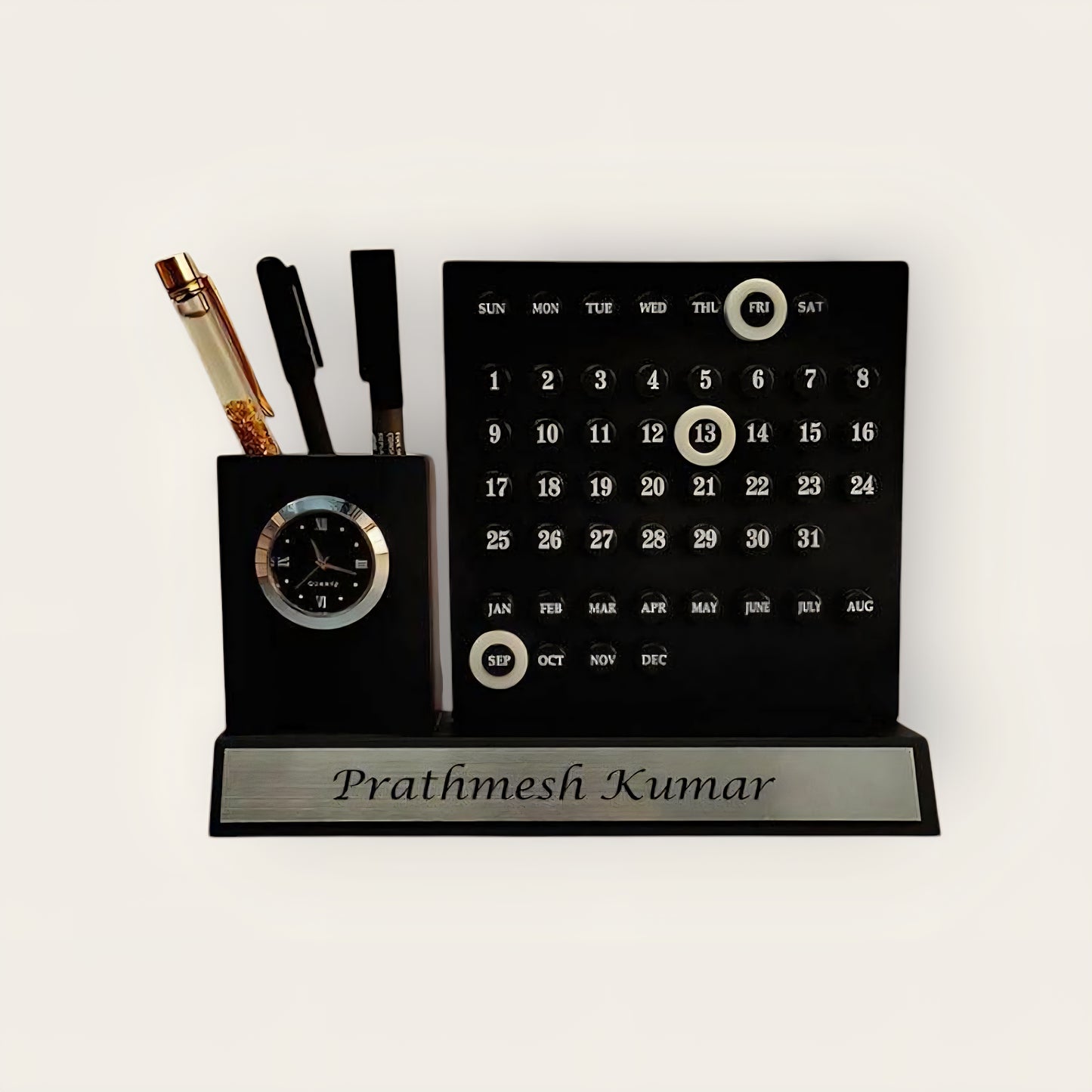 Multipurpose Desk Organizer with Infinity Calendar & Watch | Pen Stand with Business Card & Phone Holder | Office & Study Table Accessory