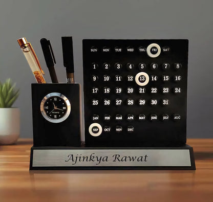 Multipurpose Desk Organizer with Infinity Calendar & Watch | Pen Stand with Business Card & Phone Holder | Office & Study Table Accessory