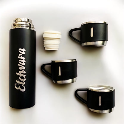 Etchvara 500ml Stainless Steel Thermo Flask – Vacuum Insulated Hot & Cold Water Bottle with 2 Cups, Custom Name/Text, Travel & Office Gift