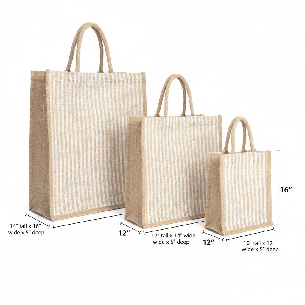 Large Striped Jute Tote Bag with Zipper |( 14x16x5 - 12x14x5 - 10x12x5 Inch ) Eco-Friendly Handbag for Women & Office Use (Combo of 3 Sizes)