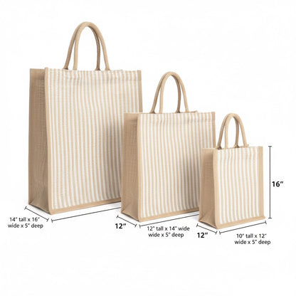 Large Striped Jute Tote Bag with Zipper |( 14x16x5 - 12x14x5 - 10x12x5 Inch ) Eco-Friendly Handbag for Women & Office Use (Combo of 3 Sizes)
