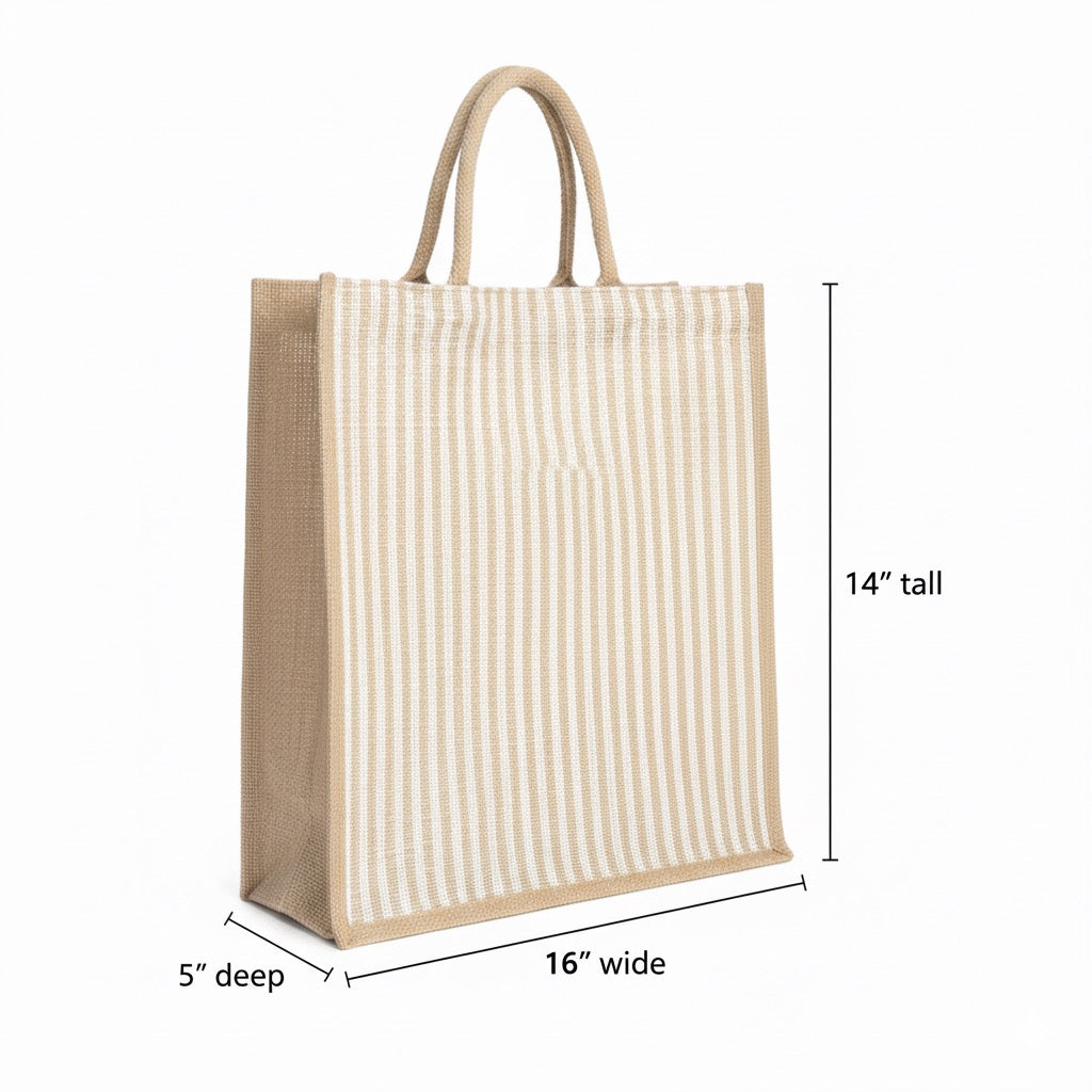 Large Striped Jute Tote Bag with Zipper |( 14x16x5 - 12x14x5 - 10x12x5 Inch ) Eco-Friendly Handbag for Women & Office Use (Combo of 3 Sizes)