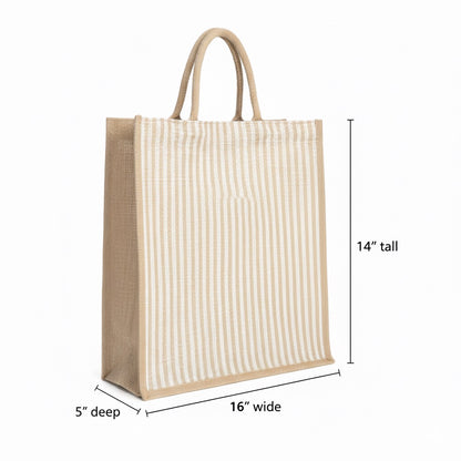Large Striped Jute Tote Bag with Zipper |( 14x16x5 - 12x14x5 - 10x12x5 Inch ) Eco-Friendly Handbag for Women & Office Use (Combo of 3 Sizes)