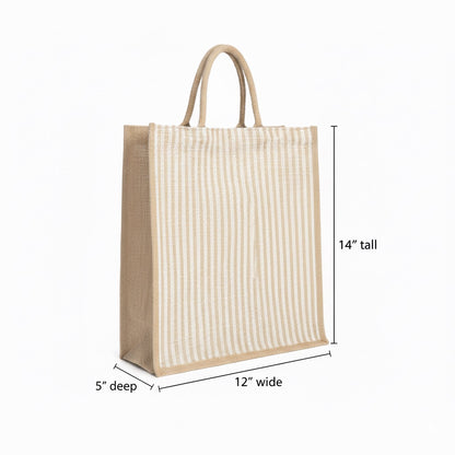 Large Striped Jute Tote Bag with Zipper |( 14x16x5 - 12x14x5 - 10x12x5 Inch ) Eco-Friendly Handbag for Women & Office Use (Combo of 3 Sizes)